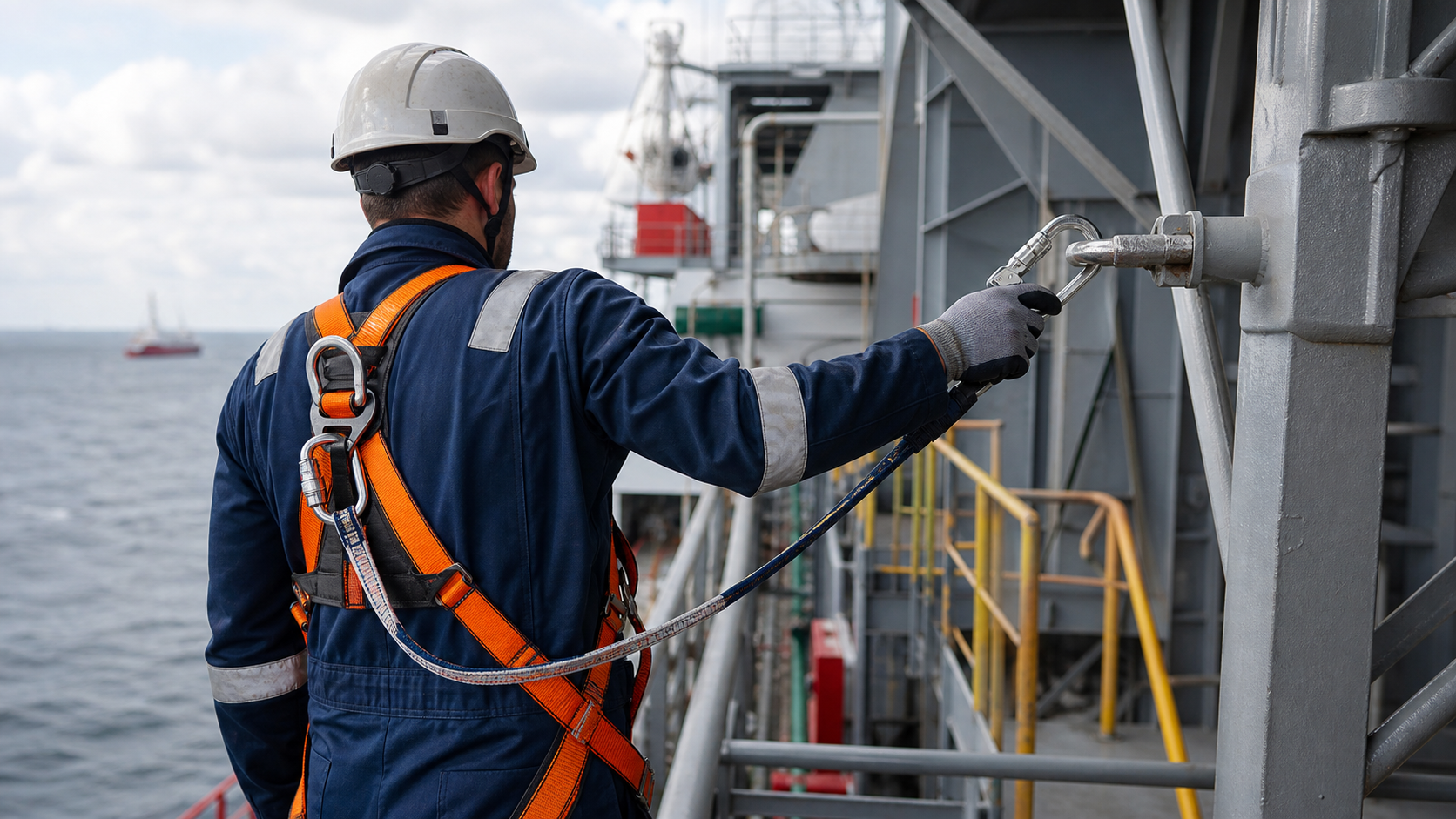 Working at height safety system with harness and lifeline